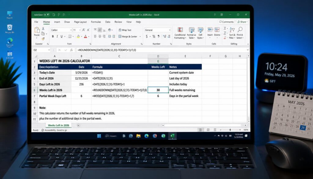 Excel to Calculate Weeks Left in 2026