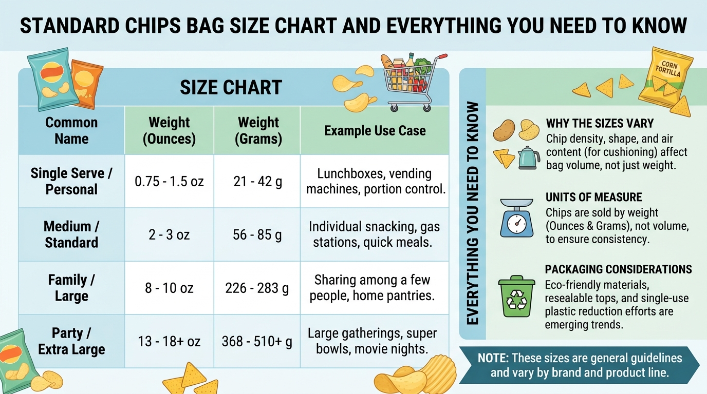 Standard Chips Bag Size ChartPersonal Size 1–2.87 oz 28–81 g Single serving Small Bag 3–5 oz 85–142 g Light sharing Regular Size 6.8–10 oz 193–283 g Movie nights Family Size ~10.5 oz ~298 g Family meals Party Size 13–15.75 oz 369–447 g Parties & events Mega/Bulk Size 18–30 oz 510–850 g Large gatherings